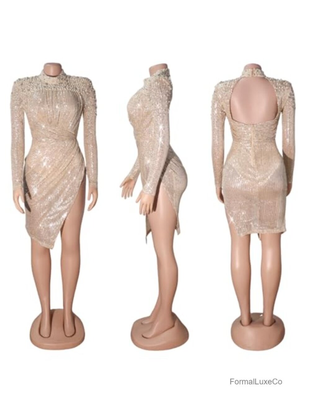 Long Sleeve Backless Mesh Rhinestone Bodycon Dress Ruched Prom Mini - Picture 5 of 6